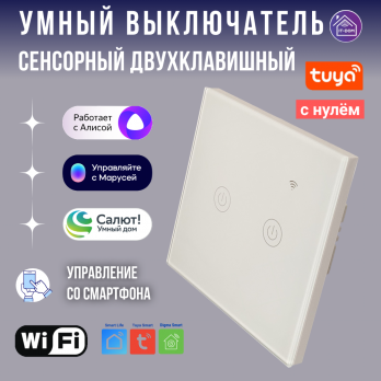 Умный двухклавишный сенсорный выключатель Tuya Wi-Fi белый