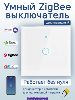Умный ZigBee выключатель 1-кл без нуля Алиса Салют сенсорный