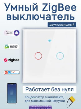 Умный ZigBee выключатель 2-кл без нуля Алиса Салют сенсорный